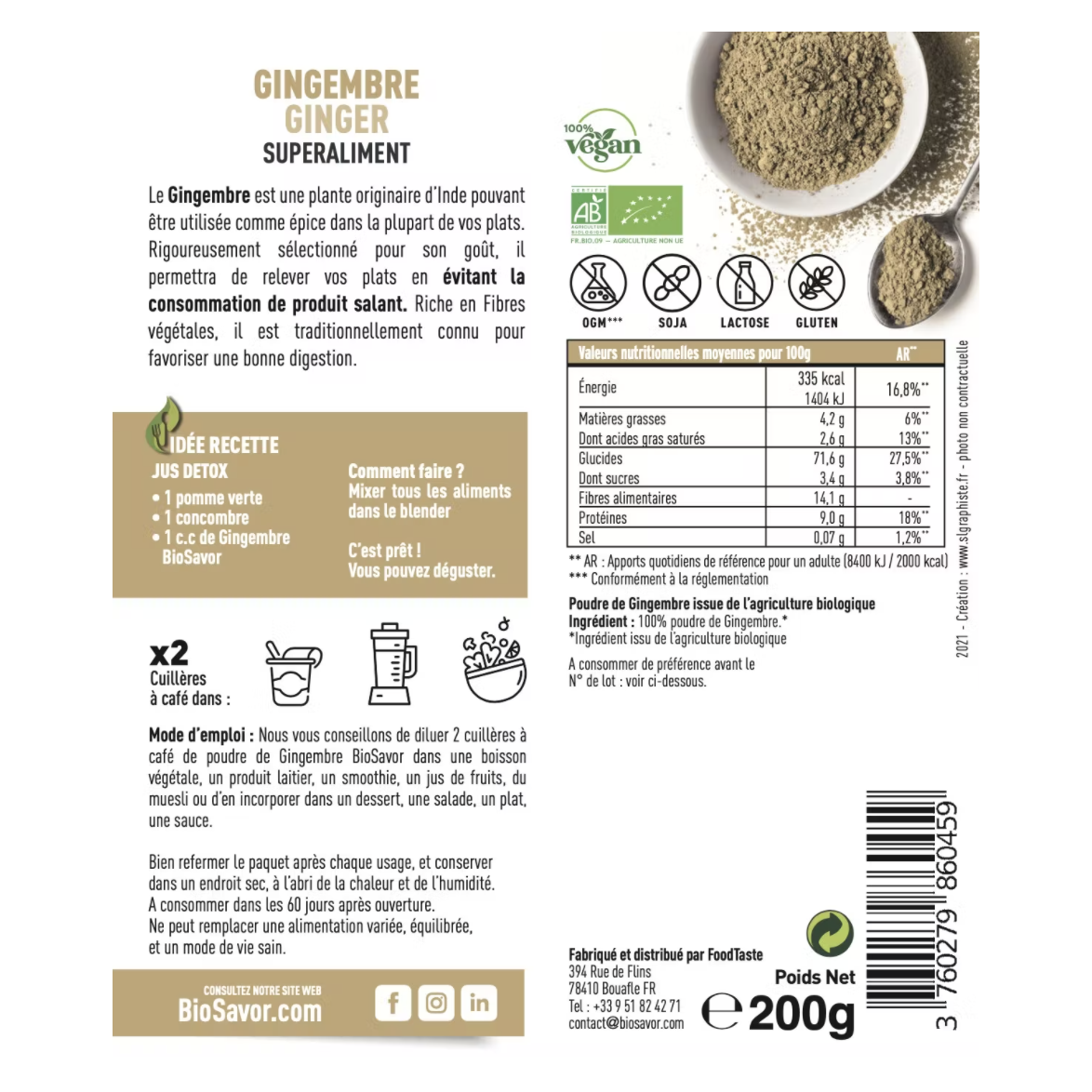 GINGEMBRE EN POUDRE - 200G - COMPLÉMENT ALIMENTAIRE