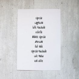 A4 poster with text "Coffee lover" in black and white calligraphic style, suitable for wall art or home decor.