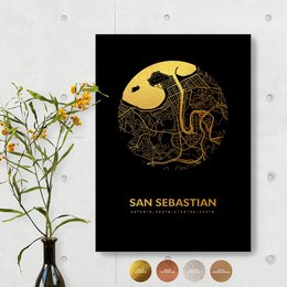 Round wall art featuring a map of San Sebastian in various metallic colors including gold, copper, rose gold, silver, and white. Available in two sizes: 30 x 42 cm and 21 x 30 cm.