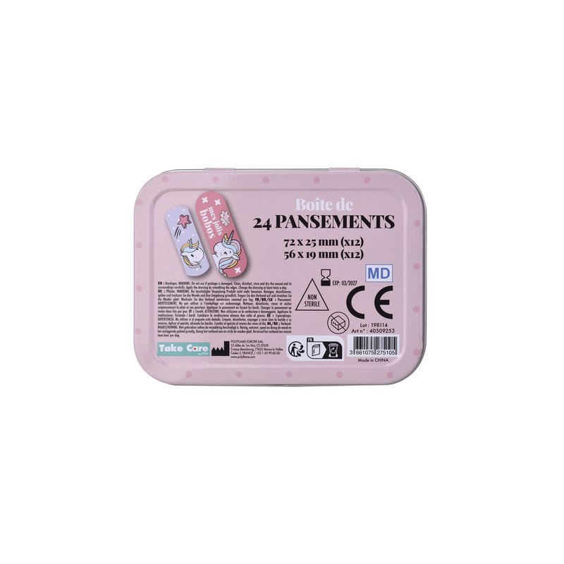 Eenhoorn, Metalen doos met verbandmiddelen, Voorgesneden, Kinderen, Junior, Doos met 24 verbanden, 10,9 x 8 x H.2 cm, TAKE CARE