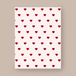  A white greeting card with a repeating pattern of small red hearts, suitable for Valentine's Day or other love-themed occasions.