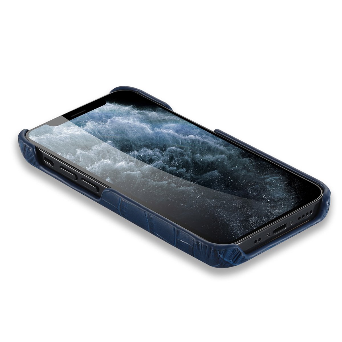 iPhone 12 Pro Hoesje Van Donkerblauw Leer Met Kroko Print
