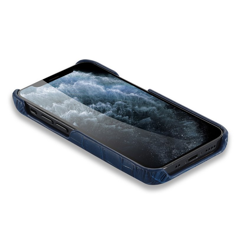 iPhone 12 Pro Hoesje Van Donkerblauw Leer Met Kroko Print