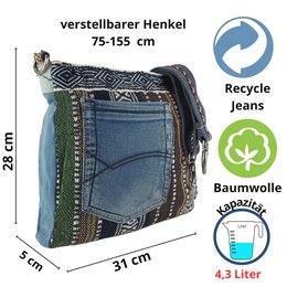 Sunsa Bæredygtig Skuldertaske til kvinder. Skuldertaske lavet af genbrugte jeans og bomuld. Håndtaske vintage retro stil. Crossbody taske til kvinder.