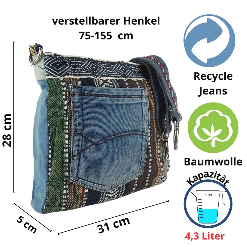 Sunsa Bæredygtig Skuldertaske til kvinder. Skuldertaske lavet af genbrugte jeans og bomuld. Håndtaske vintage retro stil. Crossbody taske til kvinder.
