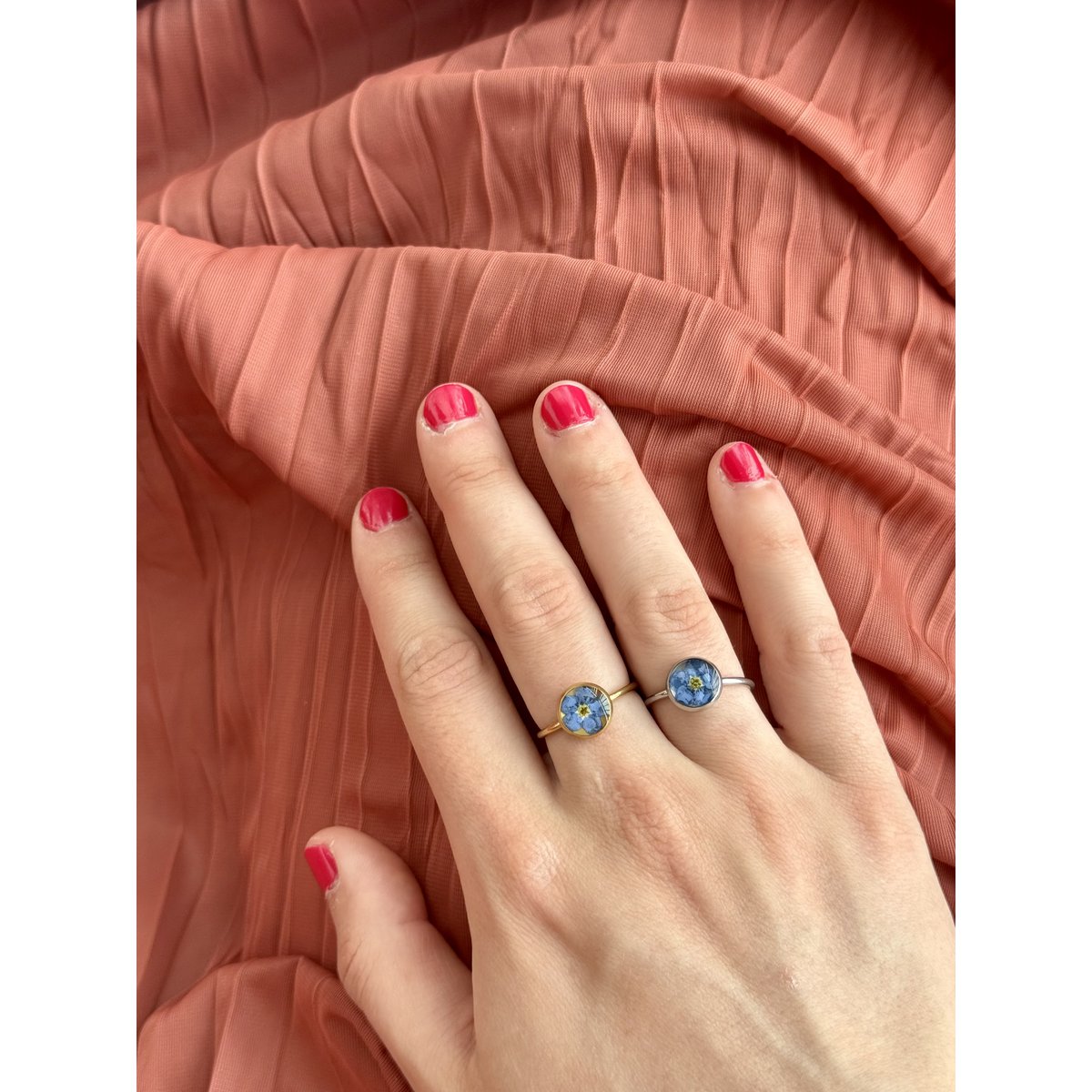 Stainless Steel Ring with real Forget-me-not flower