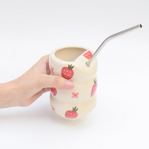 Tumbler | Pink Hand-painted Ceramic Strawberry Flower | With Stainless Steel Straw