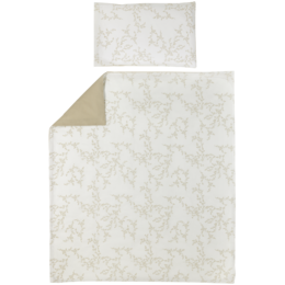  Soft, neutral-toned duvet cover with a delicate floral pattern, suitable for a toddler's bed.