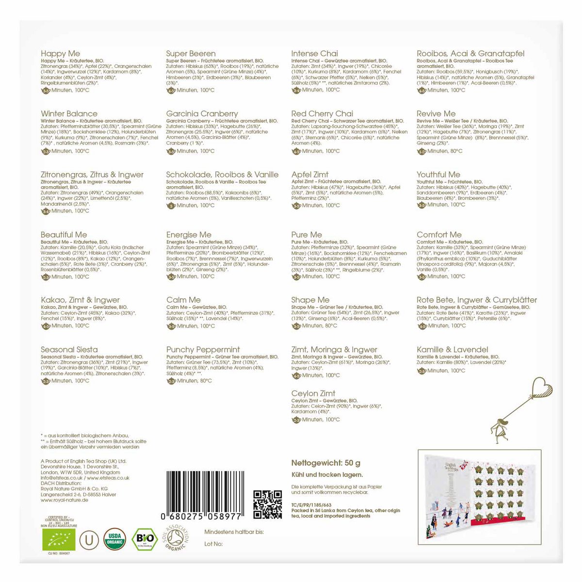 ETS - Teebuch Tee Adventskalender mit Schleife "Wellness", 25 Boxen mit BIO-Tee in hochwertigen Pyramiden