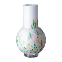  White opal glass vase with colorful abstract brushstroke pattern, round bulbous shape, modern decorative floral arrangement vase.