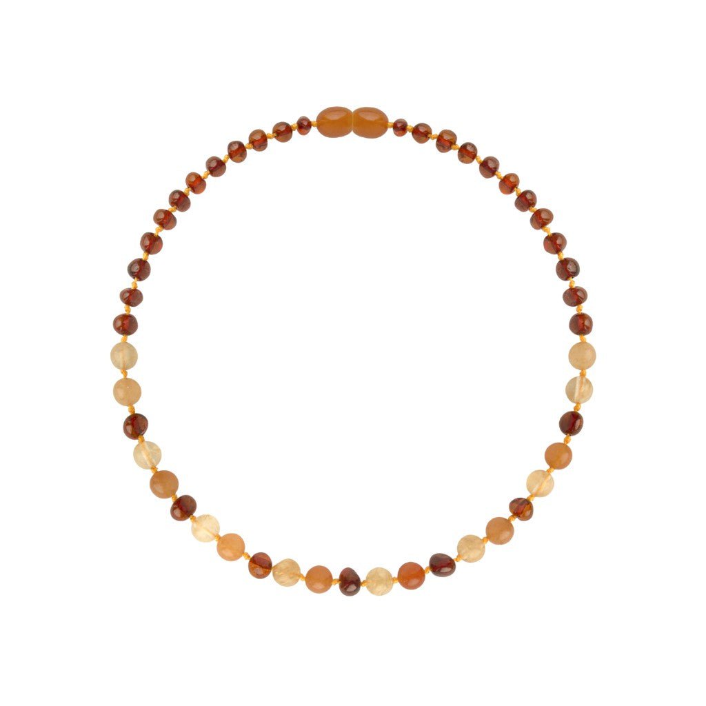 Rav halskæde barn - cognac og aventurin - 32 cm