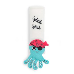 Octopus plush toy seat belt pillow, blue turquoise with pink sailor hat, sunglasses, splish splash text.
