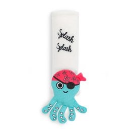 Octopus plush toy seat belt pillow, blue turquoise with pink sailor hat, sunglasses, splish splash text.