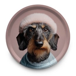  Decorative tray with a round, shallow design and a neutral pink color. The tray features an image of a dog with long fur and a sweater, creating a cozy and whimsical aesthetic.
