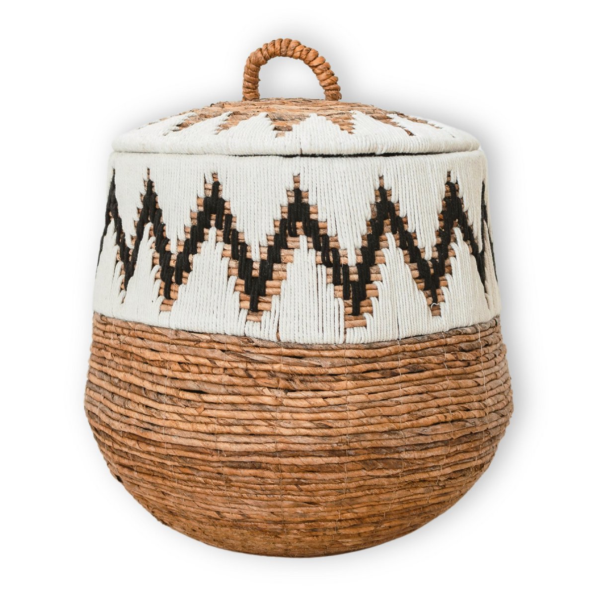 Vasketøjskurv med låg – Boho vasketøjskurv rund – Stor Boho kurv – Vævet kurv med bomuldsmønster PALEM (3 størrelser Ø33/43/55cm)