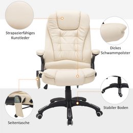 Silla de oficina con función de masaje, función de calor, altura regulable, función de inclinación, silla de oficina de masaje, blanco crema + negro