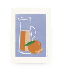 A poster featuring a glass pitcher filled with orange juice and a slice of orange. The image has a minimalist, geometric style with a blue and orange color palette.