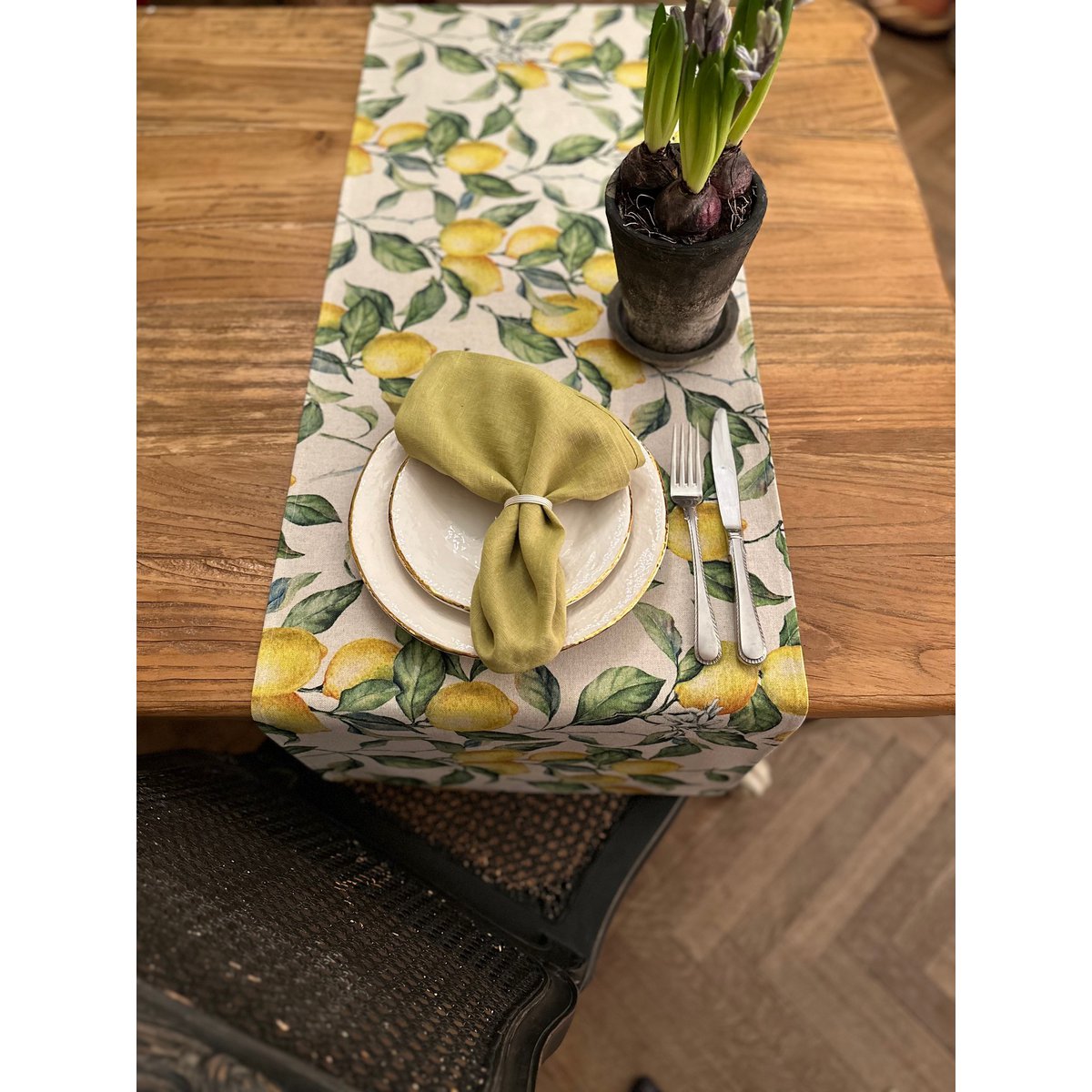 Bordløber Enkel, hør-bomuldsblanding, trykt | Citron linned