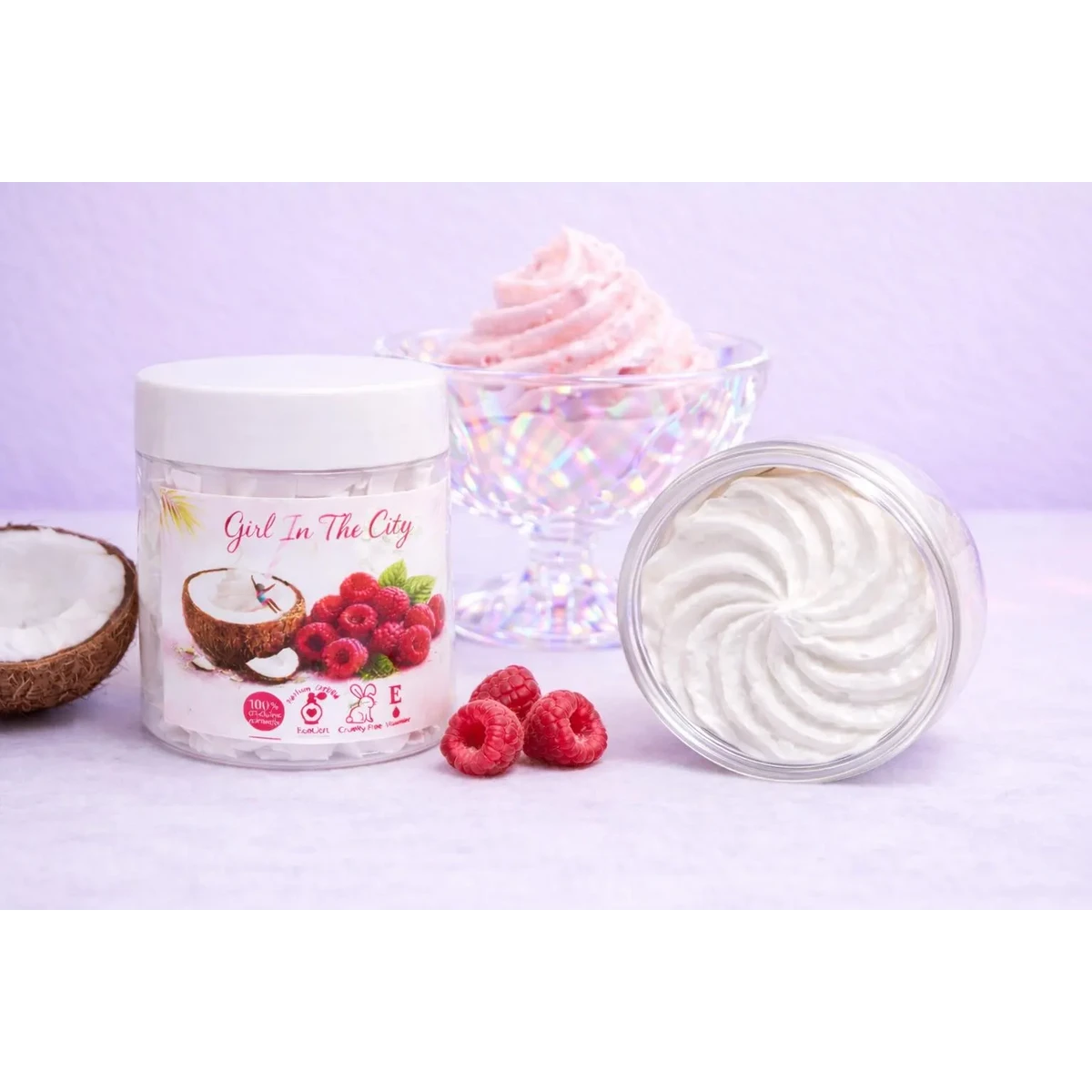 Pisket kokos hindbær kropssmør – 100 % naturlig shea Chantilly