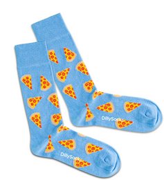 A pair of blue socks with a repeating pattern of orange pizza slices. The socks appear to be made of a soft, stretchy material and are suitable for sizes 36-40 and 41-46.
