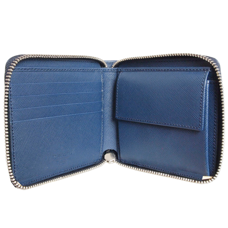 4 Credit Card Zip Saffiano Leather Wallet Blue
