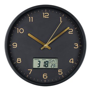 Amiens Wanduhr - Schwarz, Kunststoff, Glas, LCD, Ø25cm