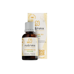 Vitamin D3 vegan supplement in a glass bottle with a yellow label. The supplement contains 1000 IU of vitamin D3 and is suitable for vegans.