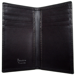 Black leather billfold wallet with multiple card slots.