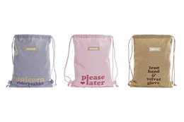 Polyester canvas backpack in 3 assorted colors with drawstring closure and text design.