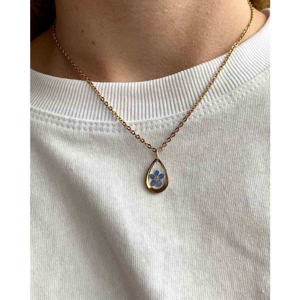 Resin/Stainless Steel Pendant gold or silver with Forget-me-nots (without necklace)