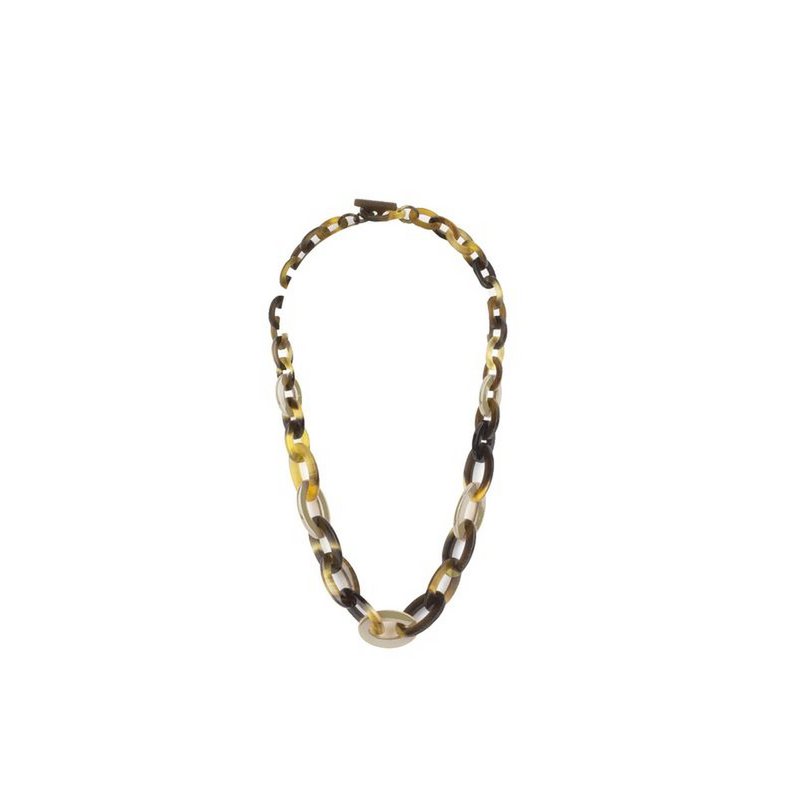 Collier avec 3 tailles différentes d'anneaux plats ovales en sabot de buffle et laque crème café 60cm