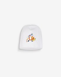 White newborn hat with Chat Botté logo, made of 100% organic combed cotton.