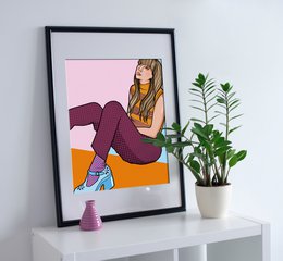 A colorful illustration of a woman sitting on the floor, wearing a pink outfit and blue shoes.