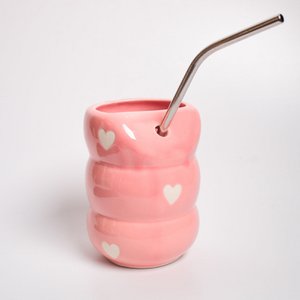Tumbler | Ceramic Handmade with Straw | Pink Heart Design