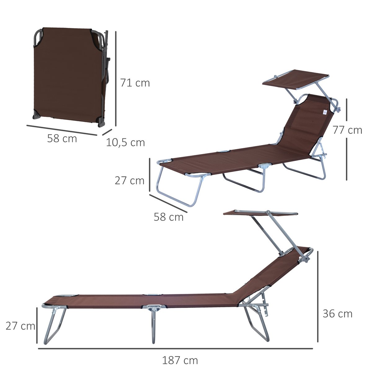  Sonnenliege klappbar Gartenliege mit Dach, Liegestuhl mit 4-Fach verstellbare Rückenlehne, wetterfeste Campingliege bis 120 kg belastbar, für Garten Strand Pool, Rot