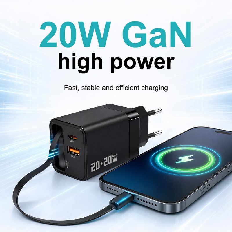 Cargador GaN de 40W con cable USB-C retráctil – NOVOTECK C-025