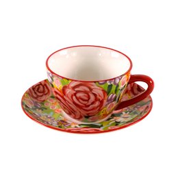 Red roses floral pattern teacup with saucer, ceramic, decorative botanical design.