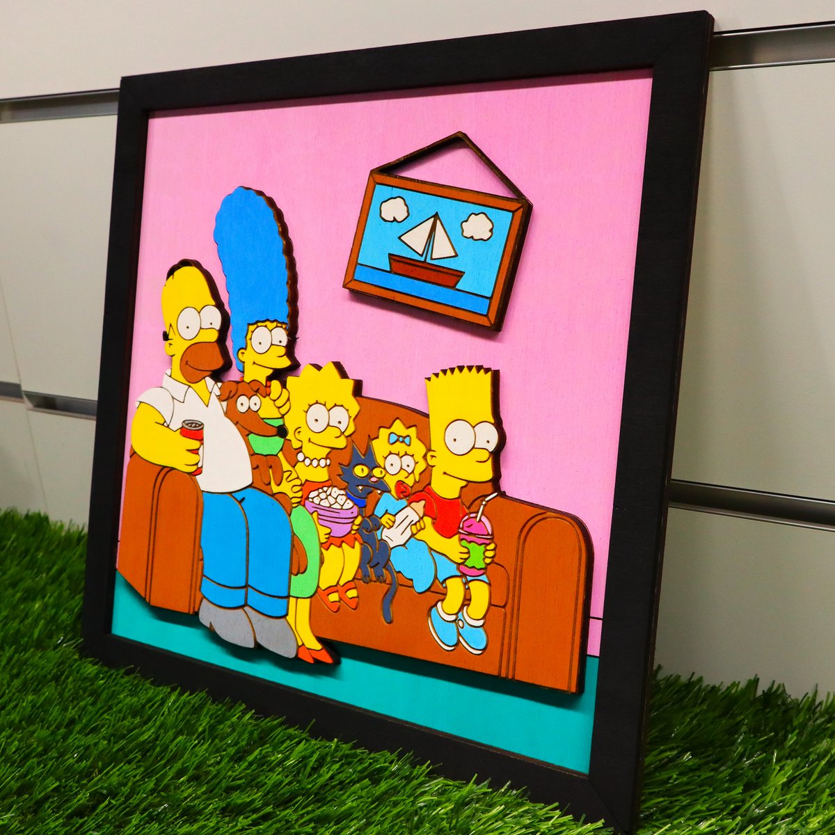 3D Simpsons vægramme i træ, Simpsons Family på sofaen, Nørd- og nørdgave, Housewarming, Vægdekoration, Gave til Fan, Boligdekoration