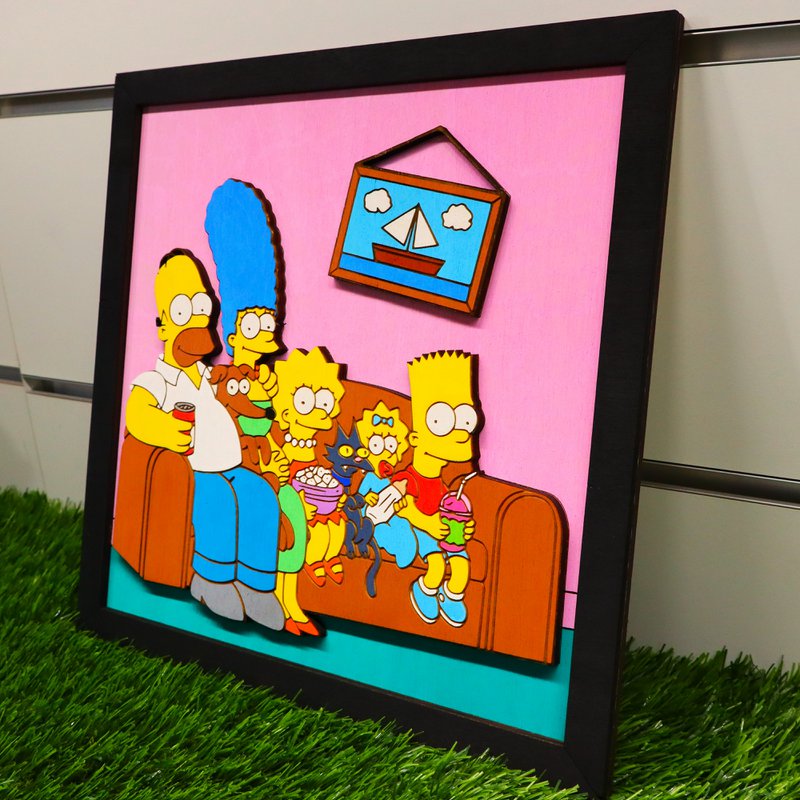 3D-Simpsons-Wandrahmen aus Holz, Simpsons-Familie auf der Couch, Nerd- und Geek-Geschenk, Einweihungsparty, Wanddekoration, Geschenk für Fan, Heimdekoration