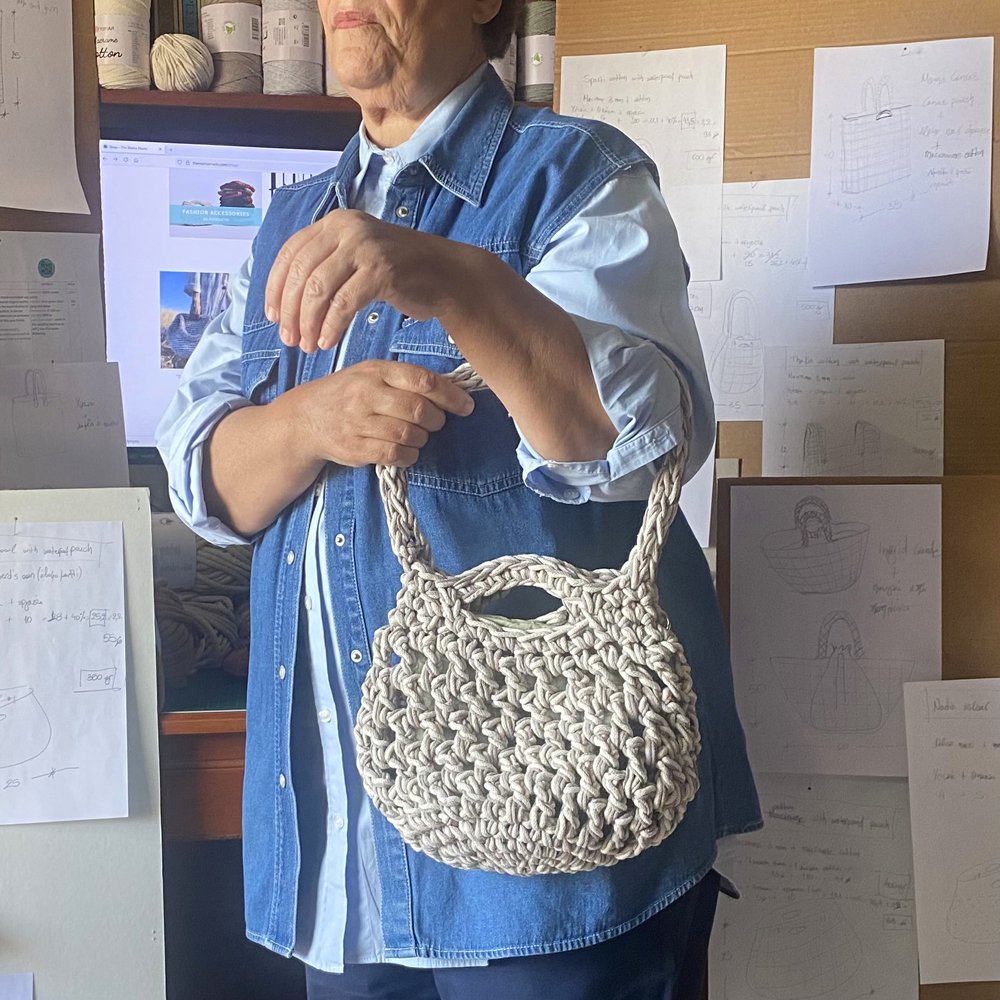 “Tinos cotton”  crochet shoulder bag with waterproof pouch crème + beige