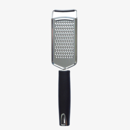A stainless steel hand grater with a black handle, suitable for grating a variety of foods.