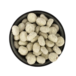 White, round, gingerbread-flavored coconut cookies in a clear plastic bag.