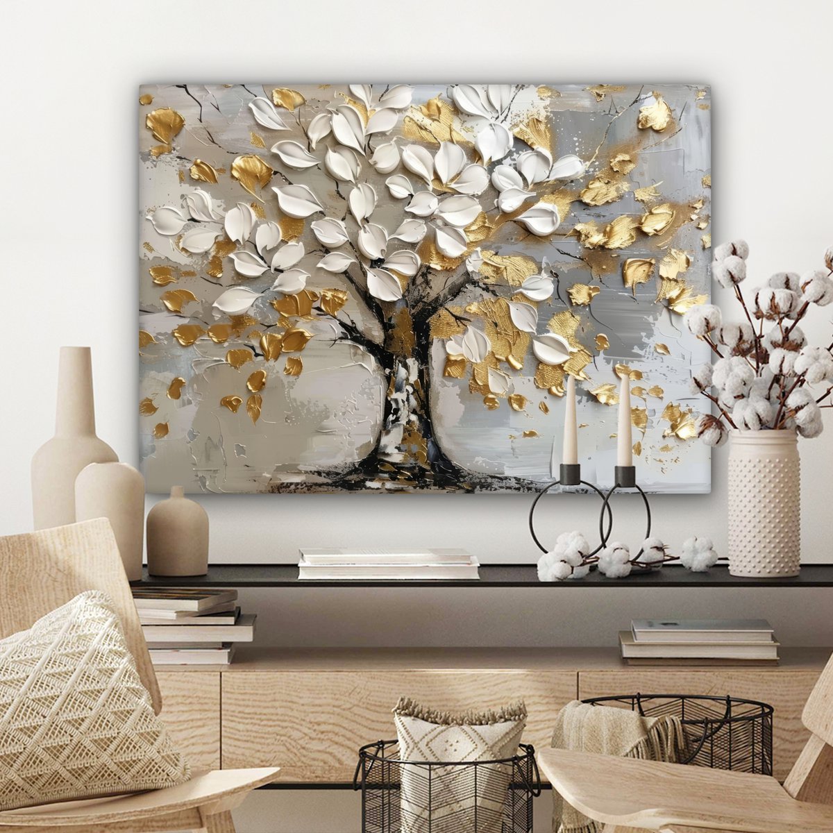 Peinture sur toile - Décoration murale - Boom - Beige - Gray - Gold - Résumé