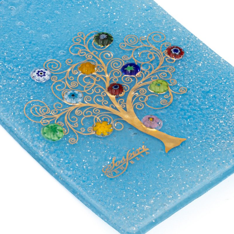 Havered rechteckige Wanduhr, in Murano -Glas, Geschenkidee, Gefälligkeiten, goldener Dekorationsbaum des Lebens