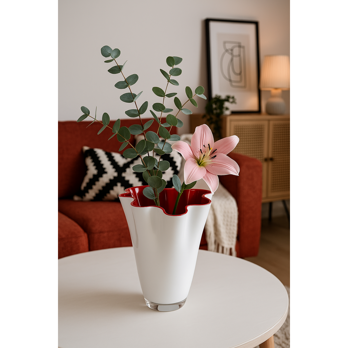 Vase Glas gewellt zweifarbig weiß rot Tischvase Glasvase 21 x 21 x 30 cm