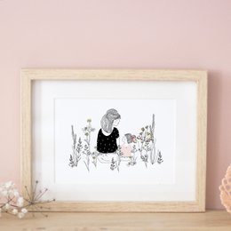 Card Vegetal Break - Back view Seated Woman looking at her Daughter Pink Top or Son Striped Blue Top and Plants