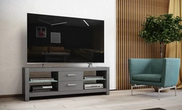  "Gray high-gloss TV stand cabinet with open shelving storage compartments modern design"