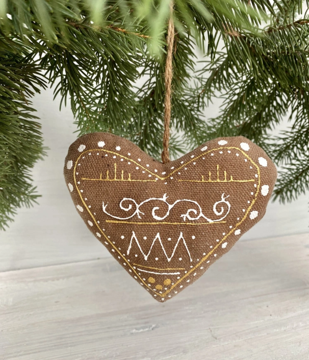 Textile ornament Vanilla and cocoa scented "Coffee heart with sheep"