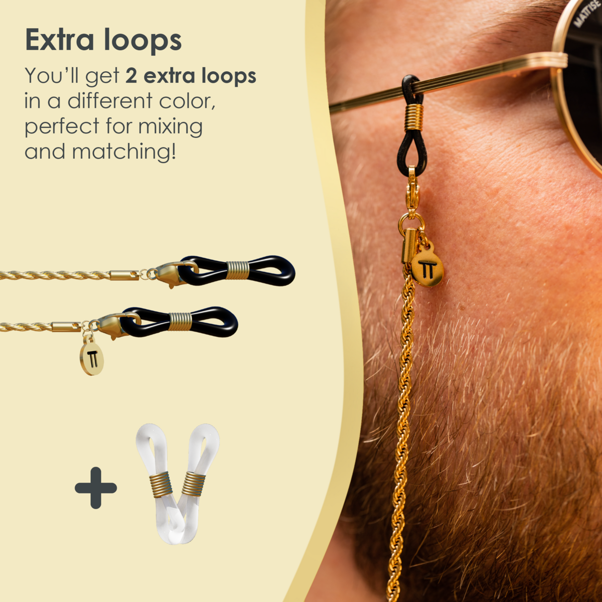 Glasses Cord Woven Gold — 100% Stainless Steel & Unisex Eyewear Cords for Women and Men — Glasses Chain with Extra Loops — Brillenkoord Brillenband Brillenkette Cordon de Lunettes Cordón Para Gafas