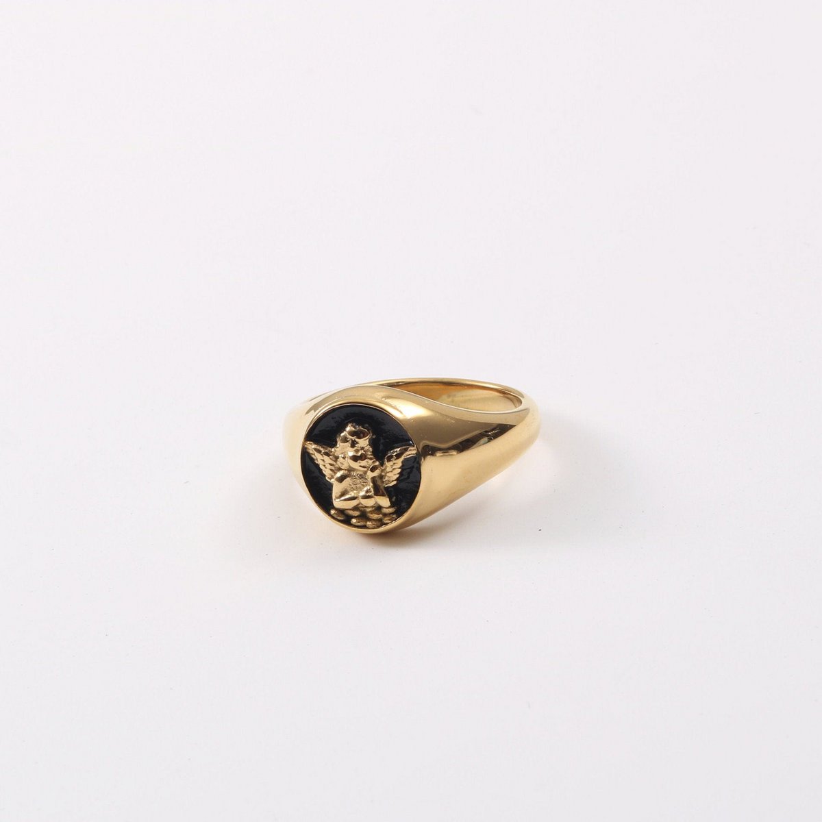 Kiki - Carved Angel Baby Black Enamel Signet Ring